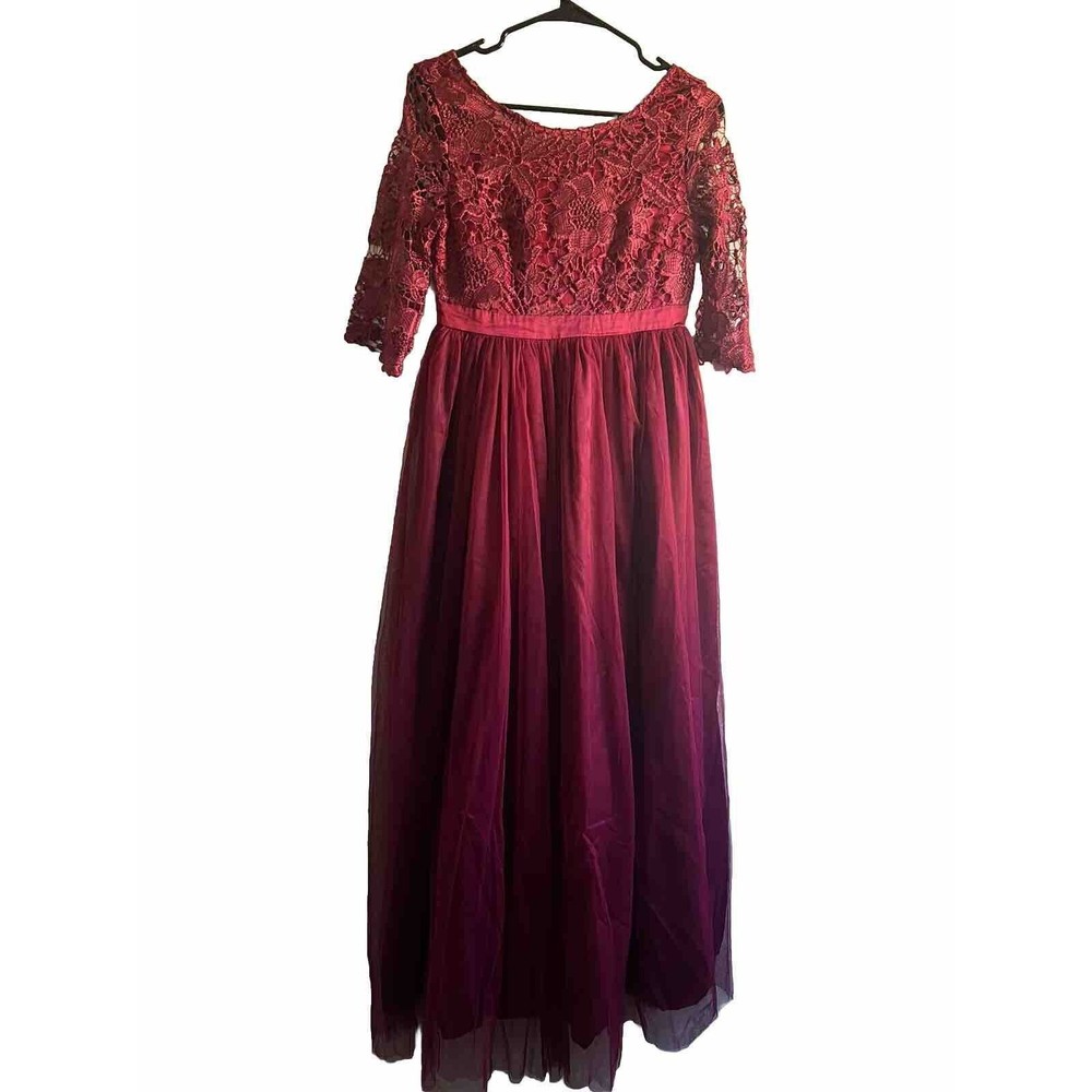 Ibtom Castle Dress Women's Medium Maroon Gown Lace Top Pleated Bottom desginer